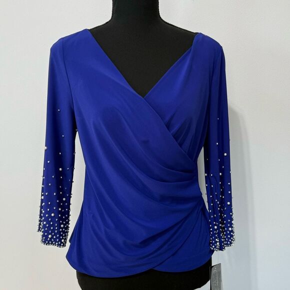 New Alex Evenings Petite Pearl Embellished Top Size SP Blue Women’s - Picture 1 of 13